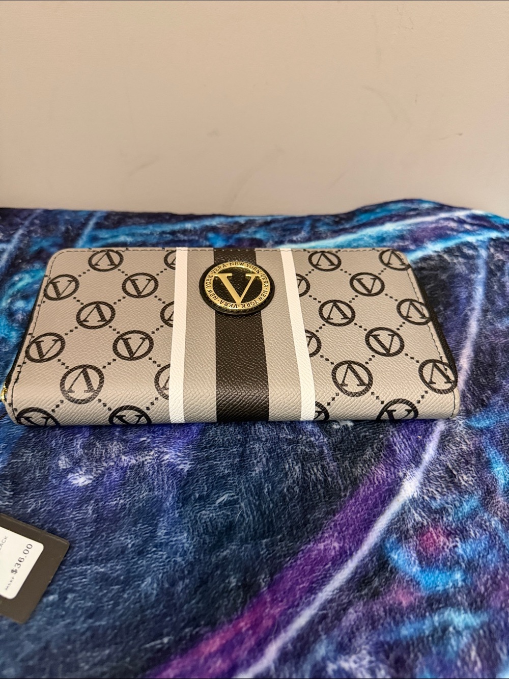 Vera New York  Gray Monogram Zip Wallet with Black Center Stripe